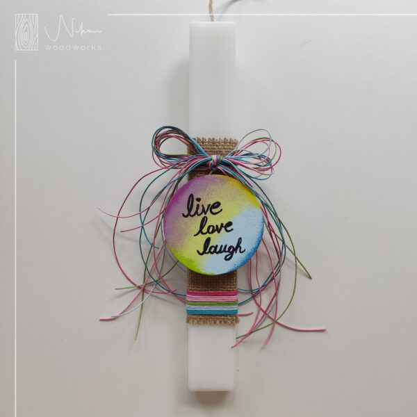 Λαμπάδα με ξύλινο ταμπελάκι "Love Live Laugh"